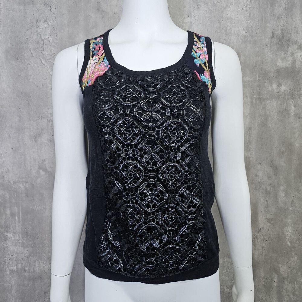 Custo Barcelona Womens 2 Black Embroidered Singlet‎ Boho Tank Top Chic